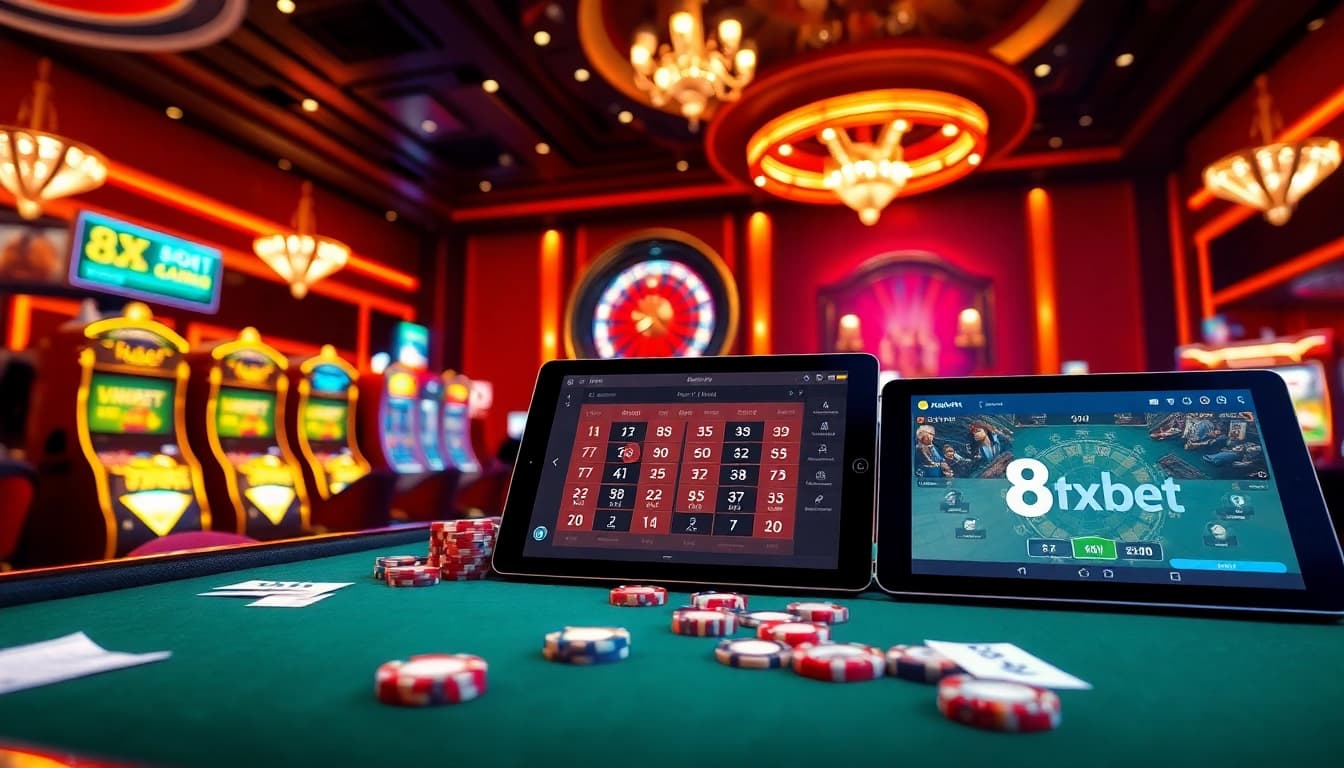 Experience thrilling gameplay at 8xbet, showcasing vibrant casino tables with exciting action.