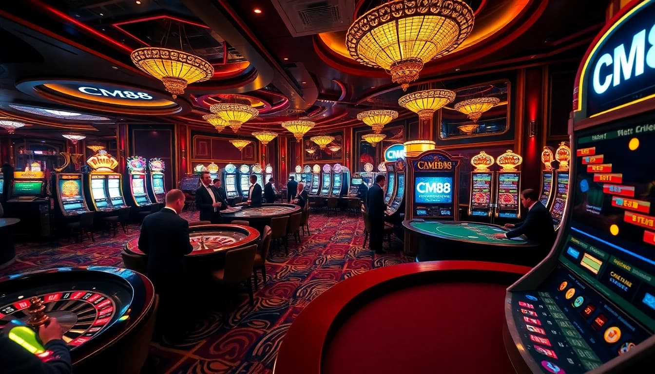 Experience the thrill of the CM88 casino scene, featuring luxurious tables, vibrant slot machines, and engaging players in action.