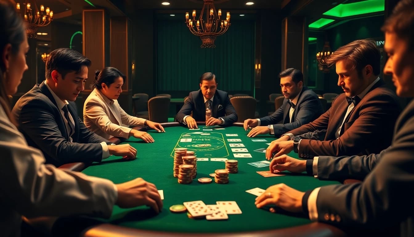 Exciting poker game scene showcasing high stakes at https://nk88net.com/ with professional players and luxurious details.
