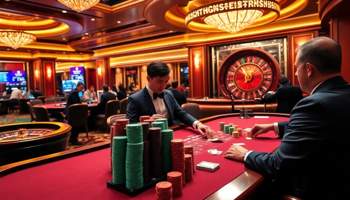 lu88 players enjoying a high-stakes poker game, showcasing vibrant colors and casino ambiance