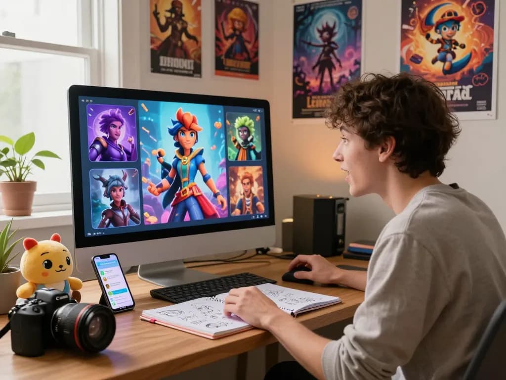 Interactive character AI NSFW roleplay scene with user engaged in creative roleplay surrounded by graphics and character ideas.