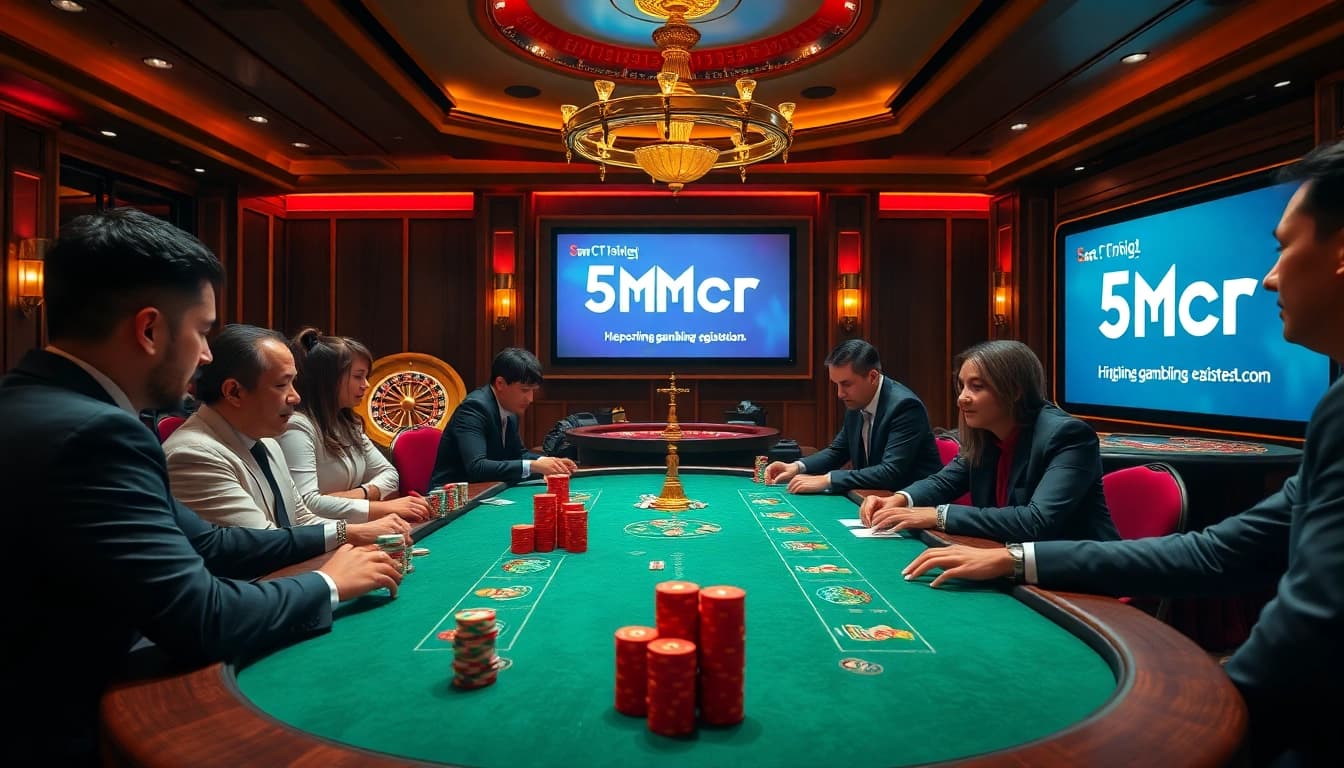 Elevate your gaming at https://5mbcr.com/ with a vibrant casino scene featuring poker players and roulette.