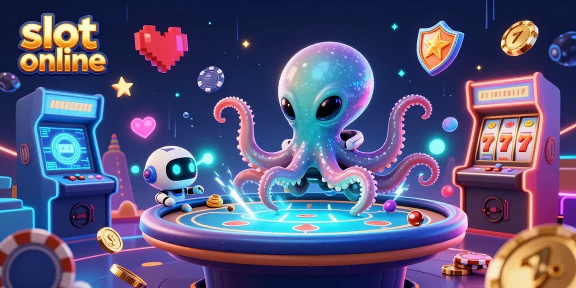 Mengalami putaran keseruan slot online dengan alien dan robot, dikelilingi oleh mesin permainan 3D yang berwarna-warni.