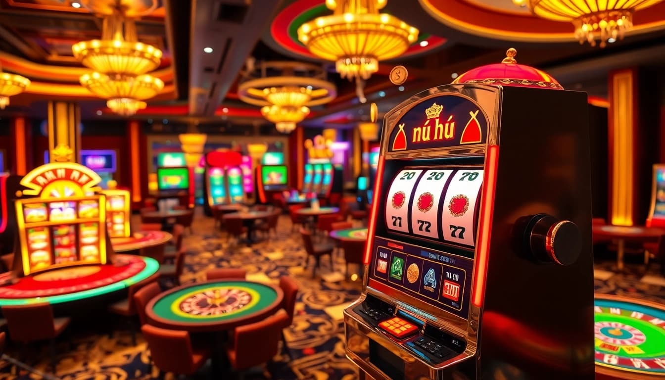 Excited player wins on 'nổ hũ' slot machine, showcasing vibrant casino atmosphere.