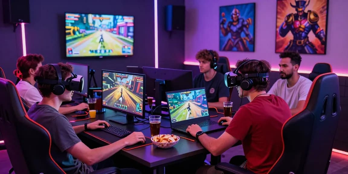 Engaged players enjoying a real porn game together in a vibrant gaming lounge.