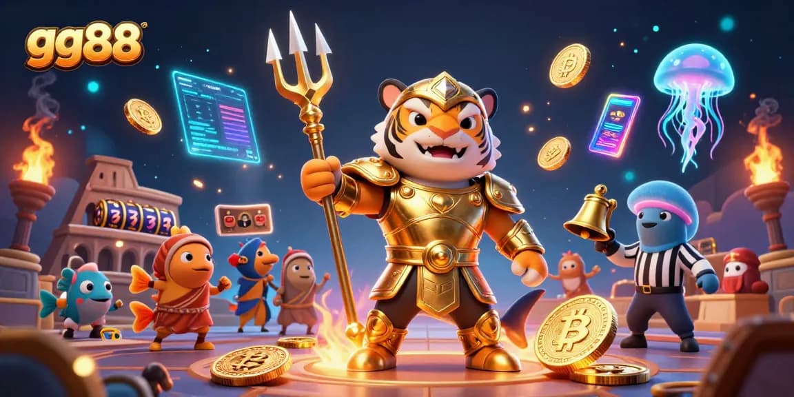 Experience colorful gaming action with gg88, featuring a shark character amidst slot elements.