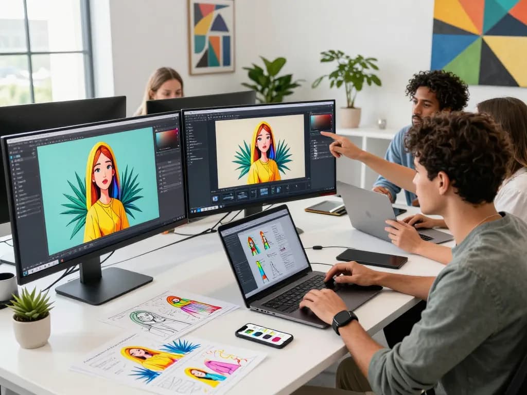 Team using nano banana pro for innovative image editing in a modern office.
