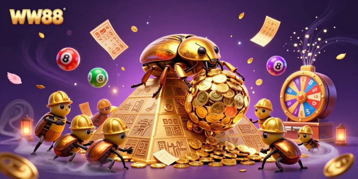 Experience thrilling gaming at WW88 with vibrant 3D golden beetles and casino elements in action.