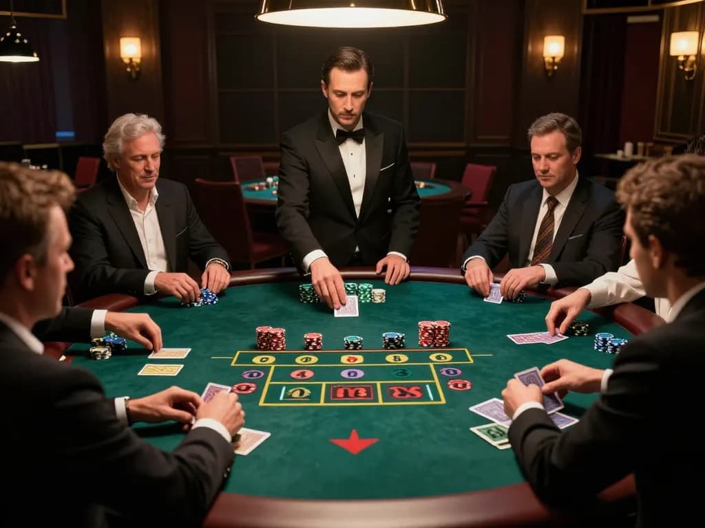 8kbet players engaging strategically at a casino table, intense gameplay atmosphere.