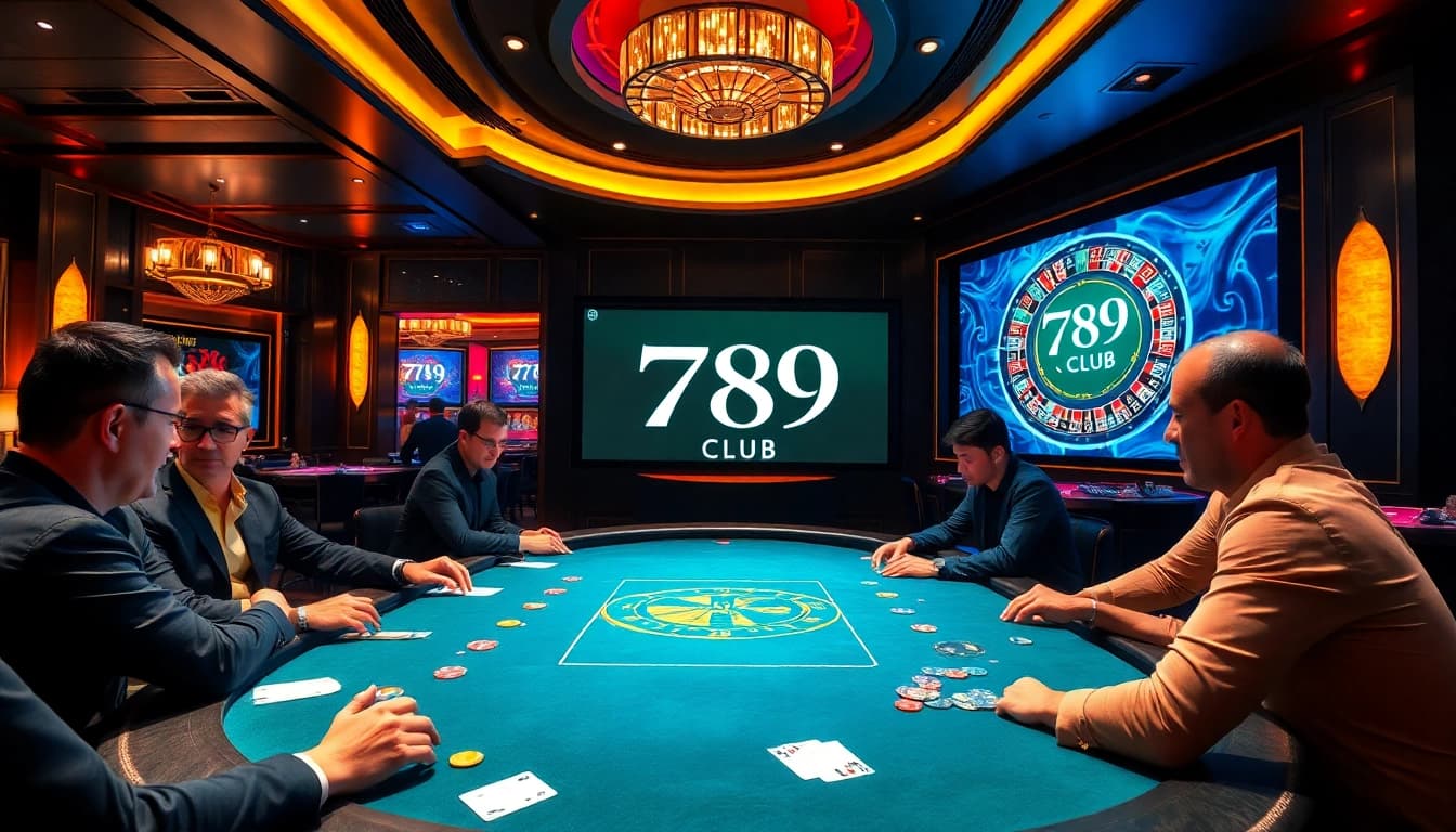 Intense poker showdown at the 789 club casino, showcasing vibrant chips and professional ambiance.