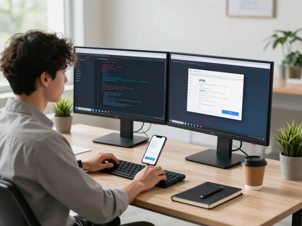 快连下载 VPN 应用程序界面位于现代科技工作空间，配有双显示器和明亮的照明。