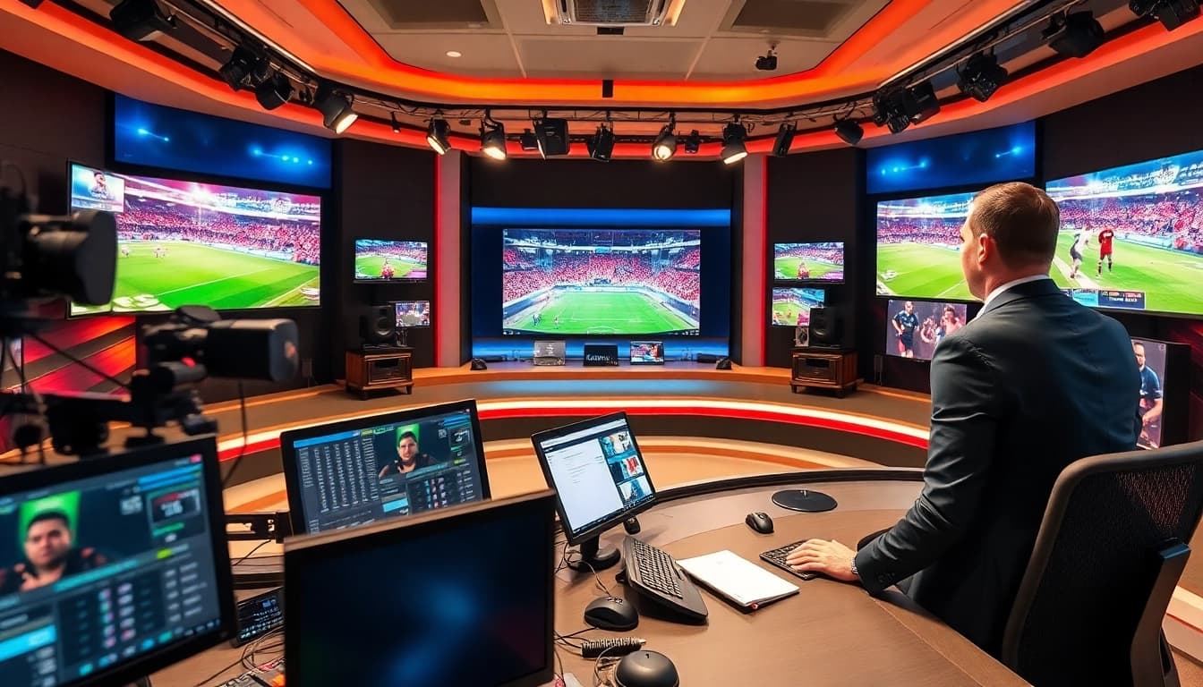 Engaging presenter in a modern sports broadcasting studio with dynamic visual displays.