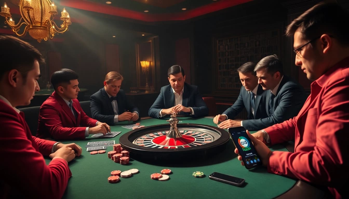 Gambling scene with players strategizing at a poker table, highlighting 7mcn's thrilling sports betting.