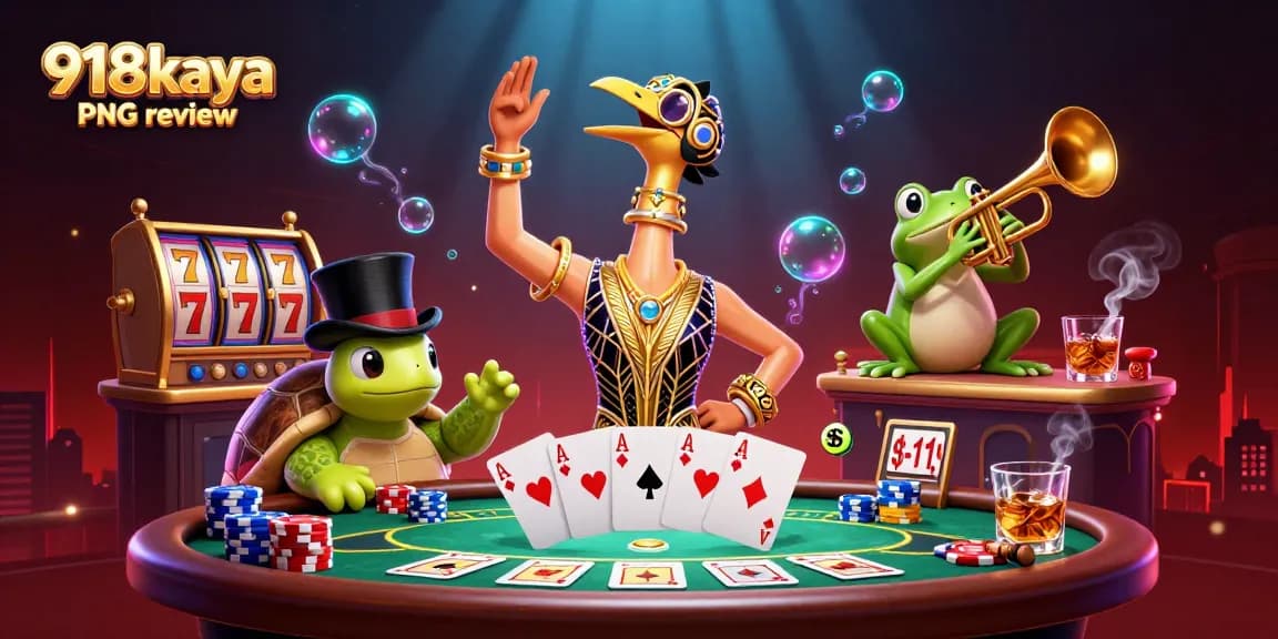 Play exciting slot games with the 918kaya PNG review, showcasing unique characters and rich casino elements.