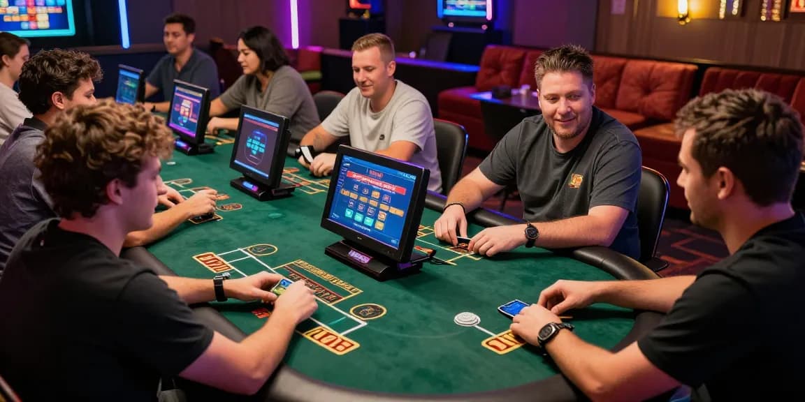 Players enjoying a dynamic gaming experience at online casinos that accept credit cards, with vibrant lights and modern devices.