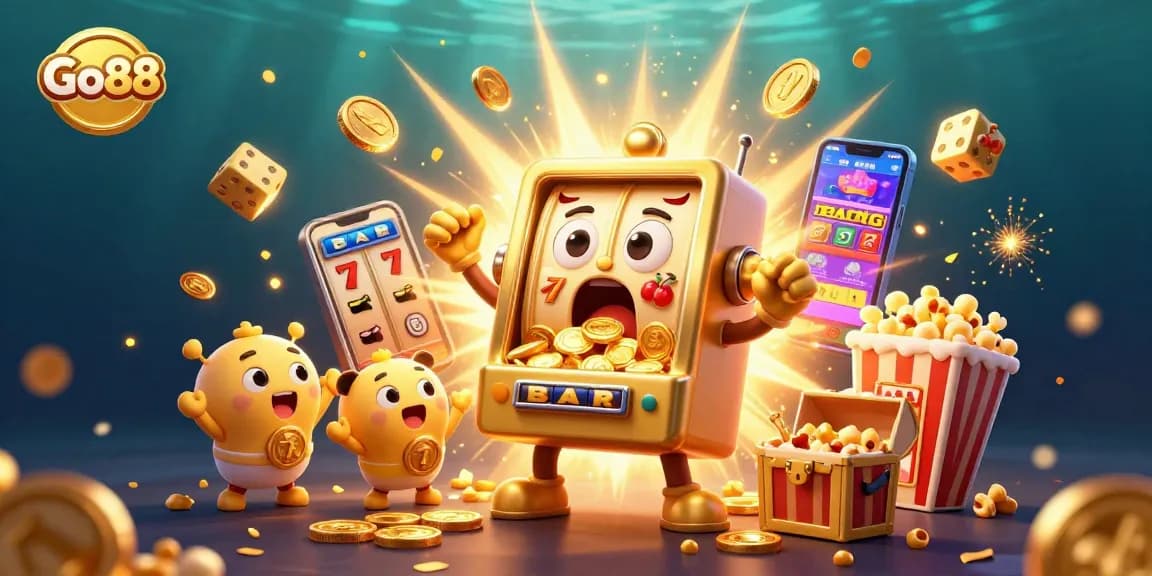 Experience the thrilling wins at Go88 with a golden slot machine hitting the jackpot amidst flying coins and vibrant casino elements.