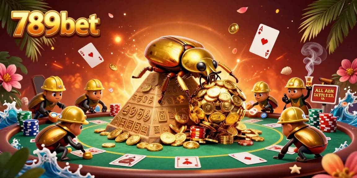 Experience the excitement of 789bet as a golden dung beetle rolls coins in a vibrant casino scene.