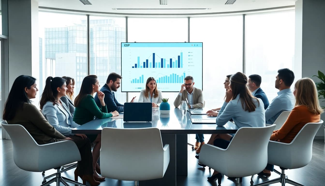 Team collaboration in a modern office discussing ERP yazılım solutions with digital data displays.