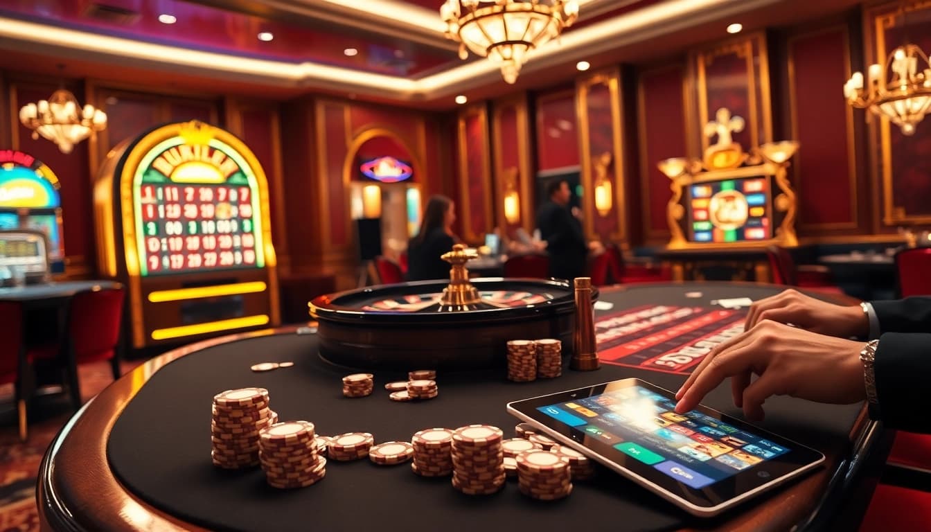 Engaged players enjoying games at RR88A's luxury casino tables and slot machines.