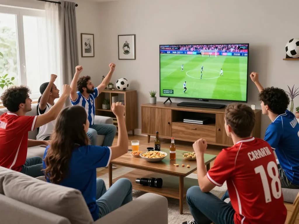 Trực tiếp bóng đá CakhiaTV gathering of friends enjoying live football match in a lively living room setting.