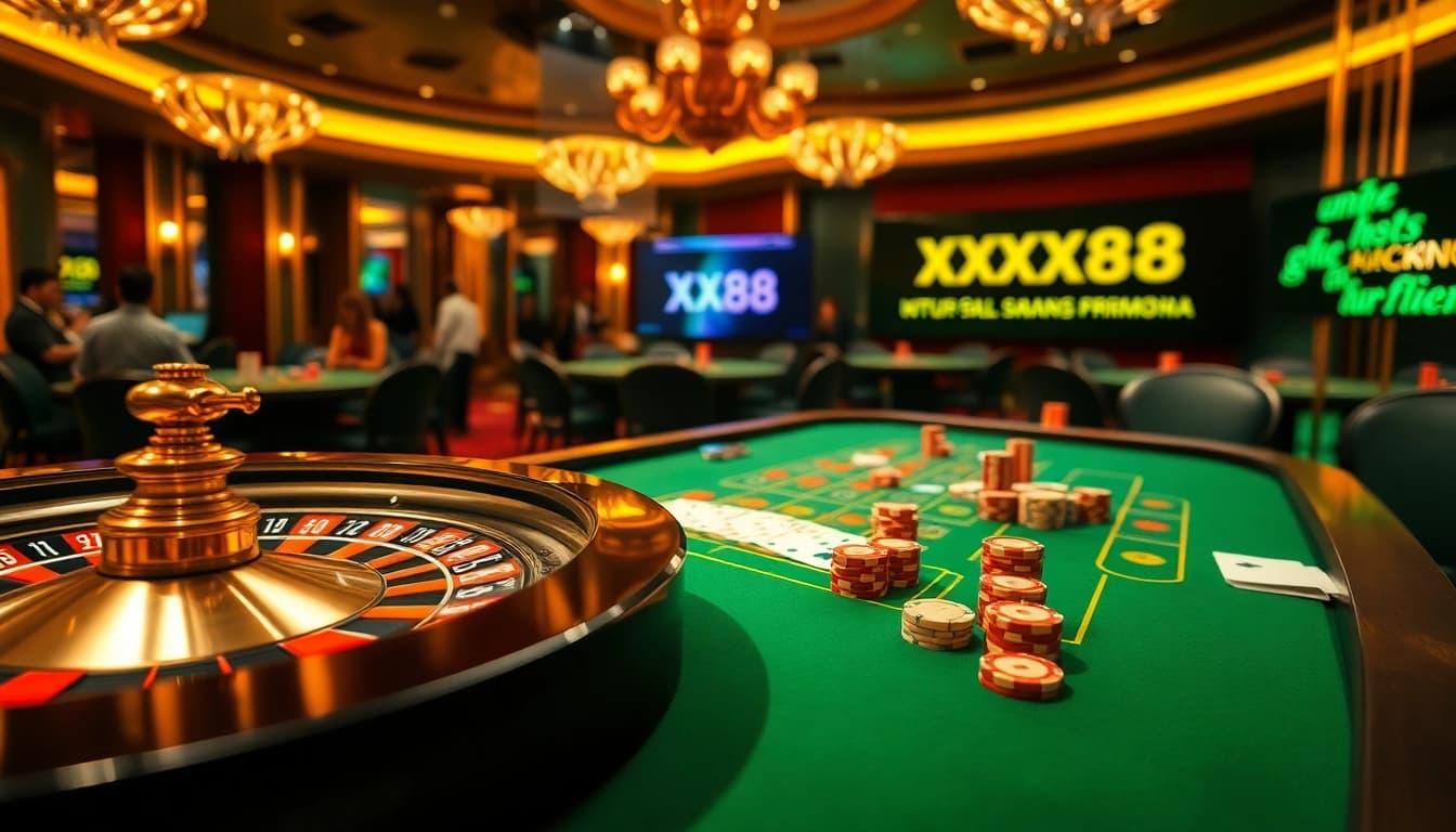 Experience excitement at https://xx88.promo/ with a luxurious casino scene featuring roulette, cards, and chips.