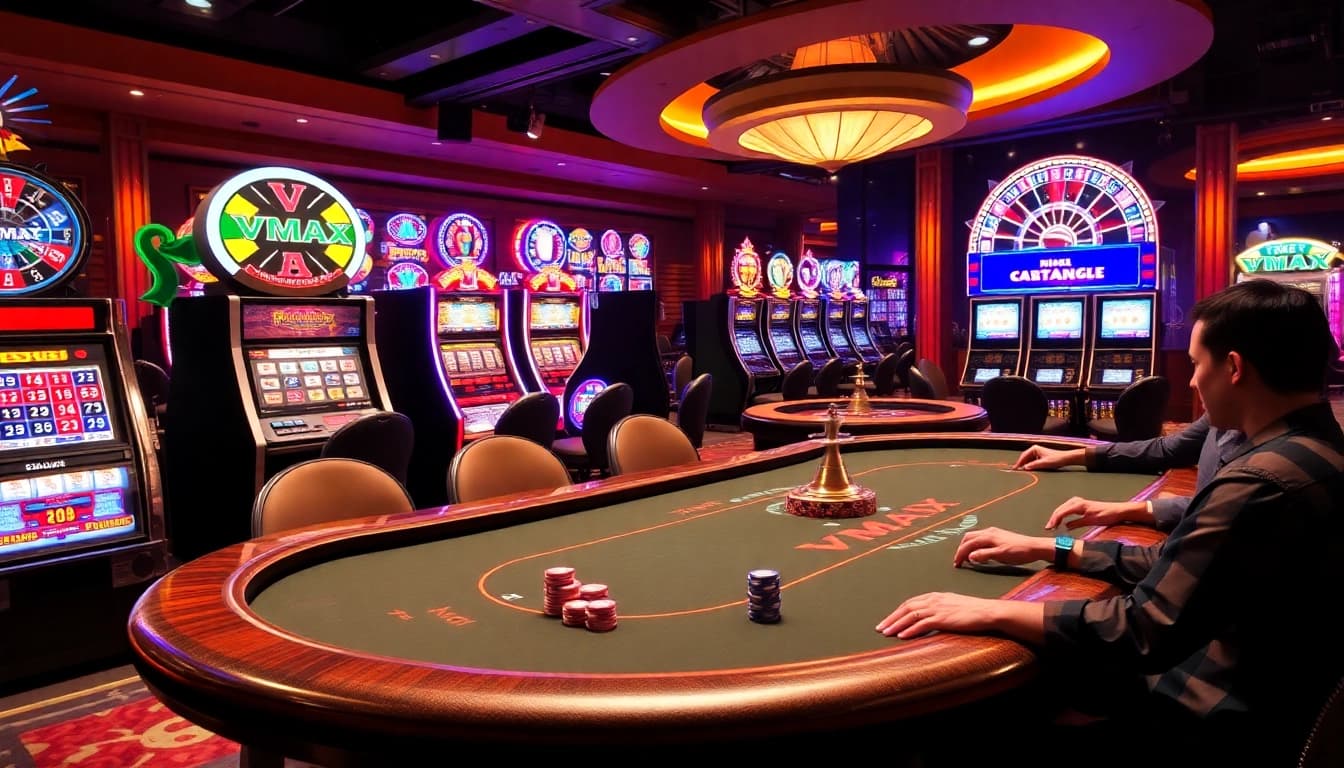 VMAX-themed poker table immersed in a lively casino atmosphere with slot machines and vibrant action.