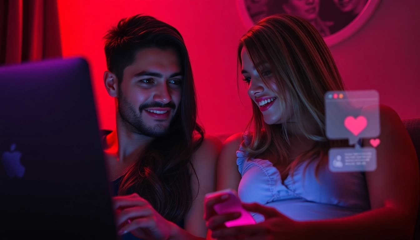 Engaging sexchat scene showcasing two characters in a warm digital chat setting, emphasizing connection and intimacy.
