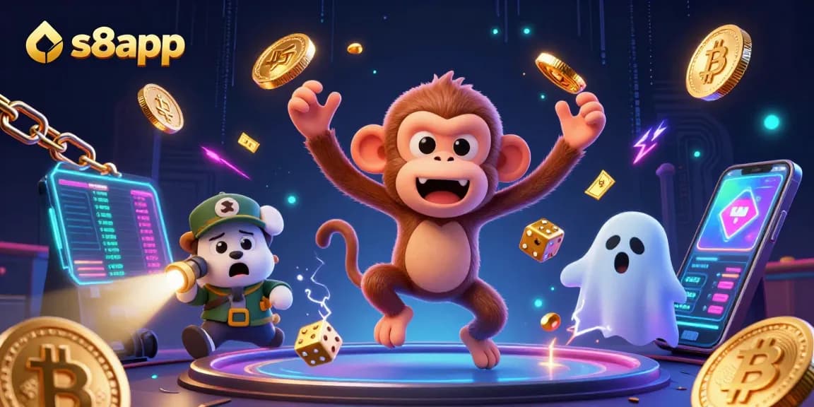 Engage with s8app's vibrant online casino adventure featuring a playful monkey and ghost-hunter puppy.