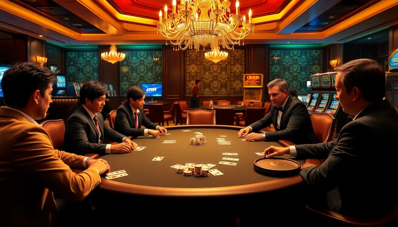 Experience the thrill of gambling at 6789BET with professional poker players and vibrant casino elements.