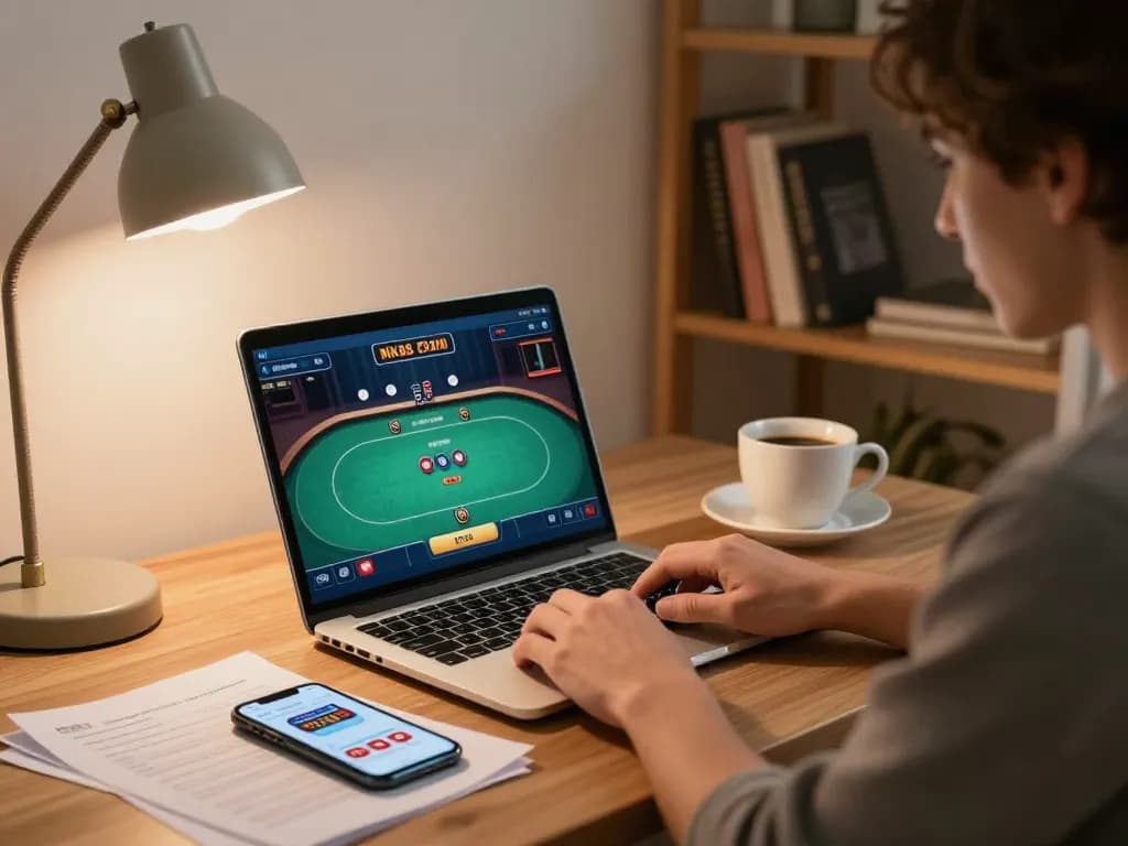 Player engaging in an online poker game at nk88 casino from cozy home office.