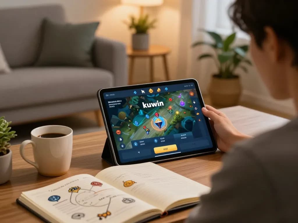 Kuwin đăng nhập interface displayed on a tablet as a player engages in online gaming at home.