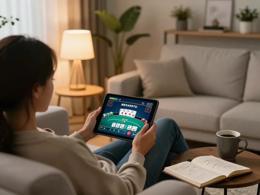 Person gaming on Fly88 trang chủ using a tablet in a cozy living room, betting strategies in view.