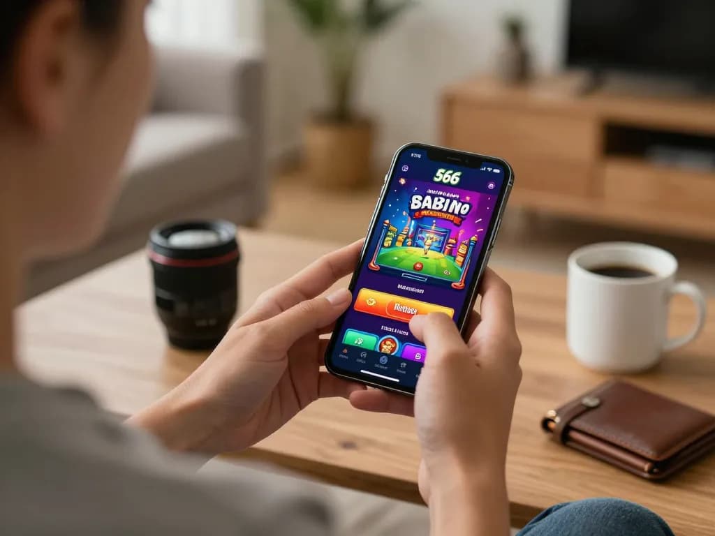 Log in to 566 casino app from a cozy living room, enjoying mobile gaming experience.
