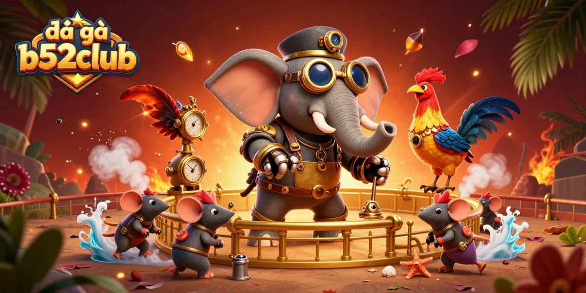 Engage with the thrilling action of đá gà b52club in this vibrant animated scene featuring a steampunk elephant and dynamic elements.