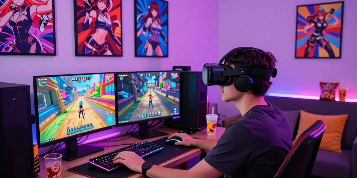 Engaged player immersing in a thrilling hentai game experience, vibrant gaming environment.