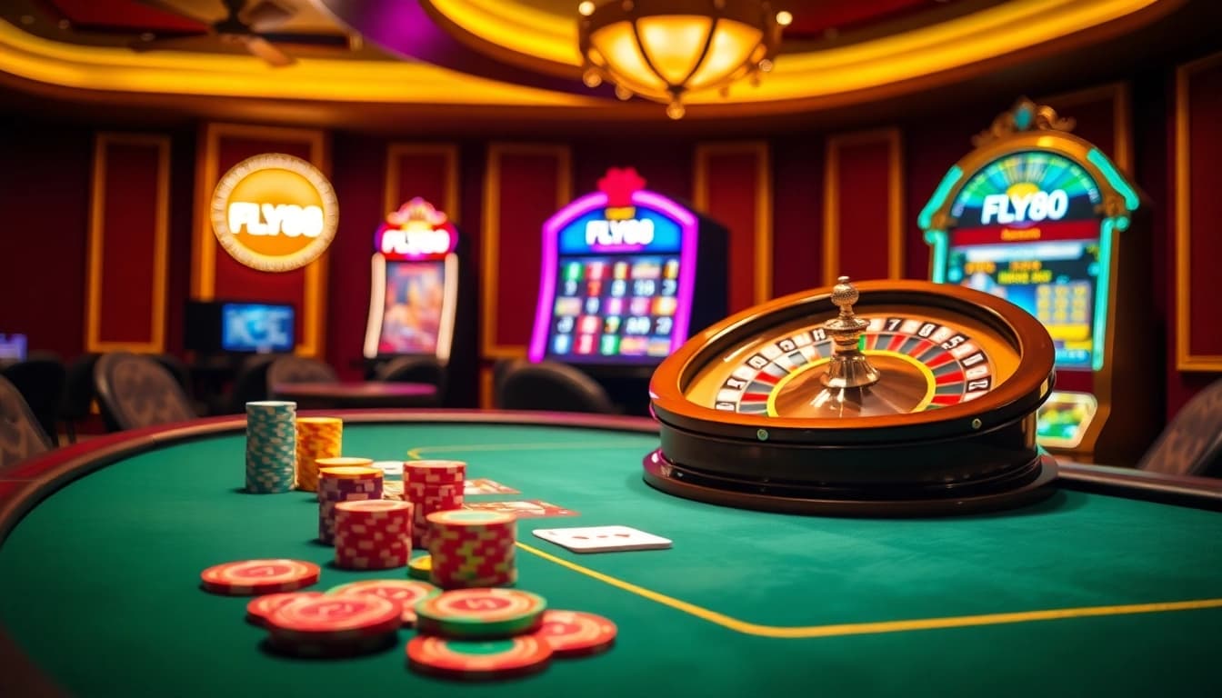 Engaging scene of FLY88's vibrant casino experience with poker chips and roulette wheel.
