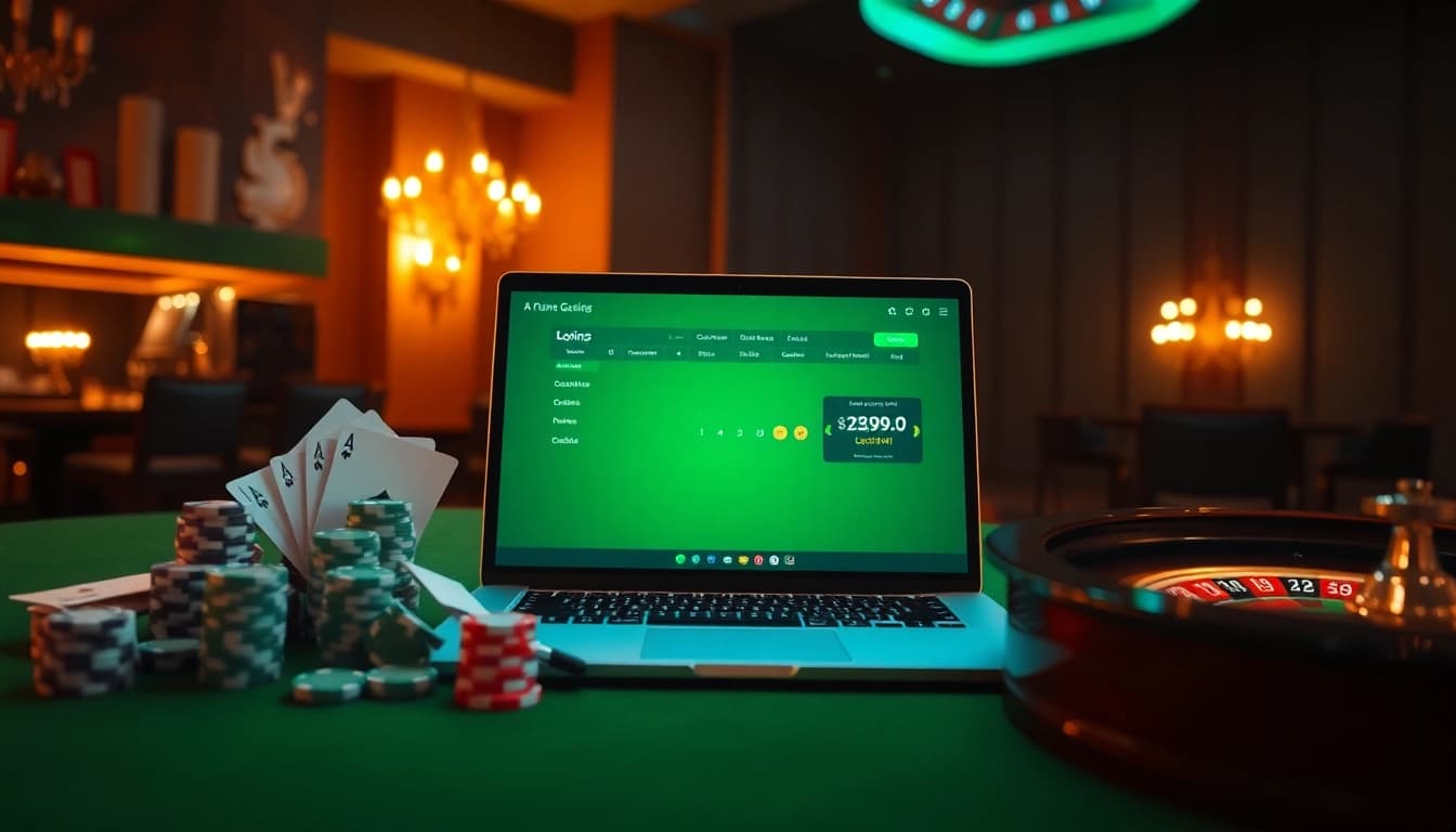 Login interface surrounded by casino themes: poker chips, cards, and roulette for a vibrant gambling experience.