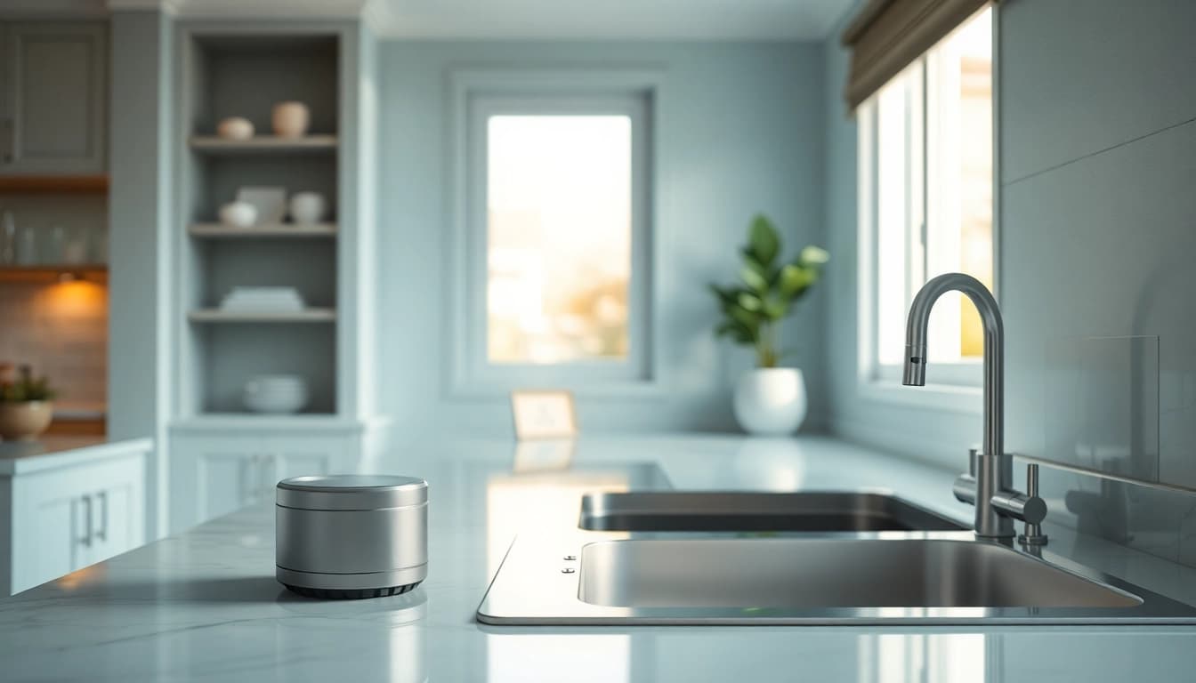 Monitor Water Leak Detection systems installed under a kitchen sink for enhanced home safety.