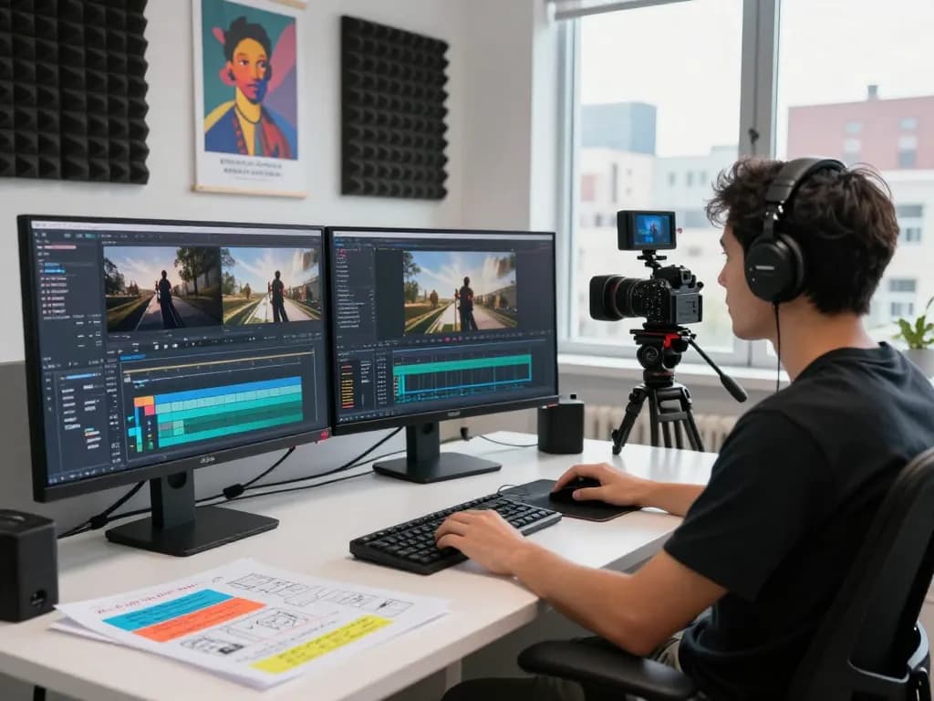 Video to prompt ai generator in a modern editing studio with dual monitors analyzing video content for precise AI prompts.