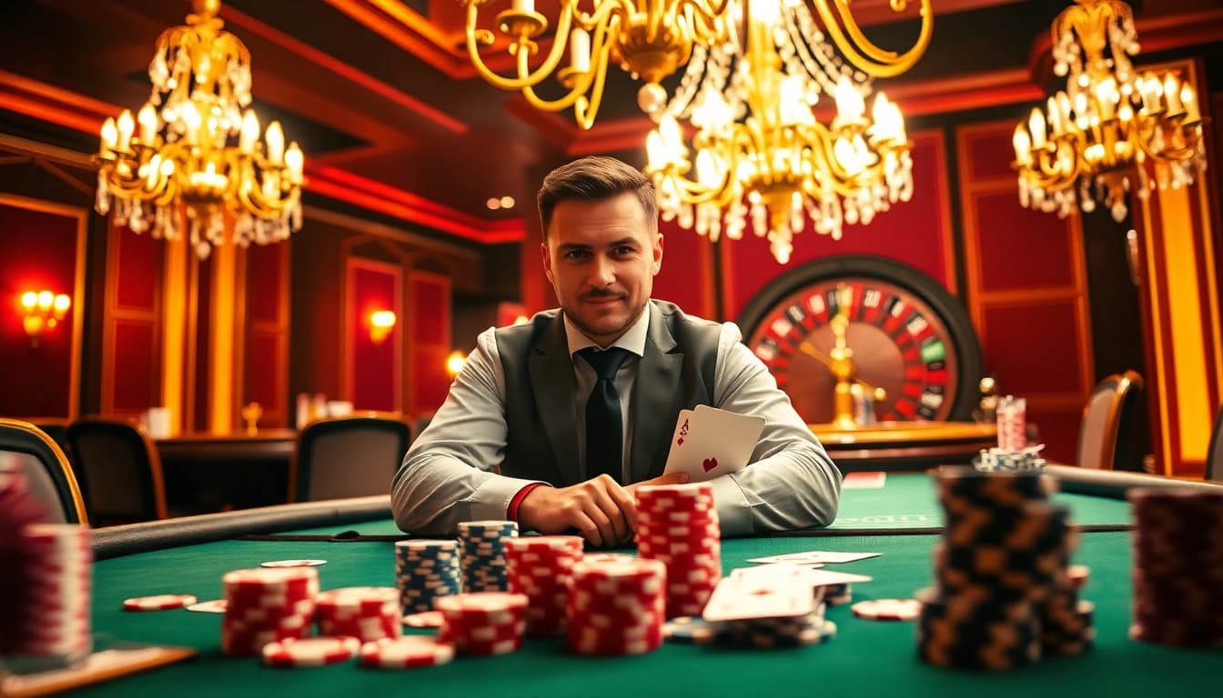 High-stakes poker with cm88 chips and vibrant casino atmosphere.