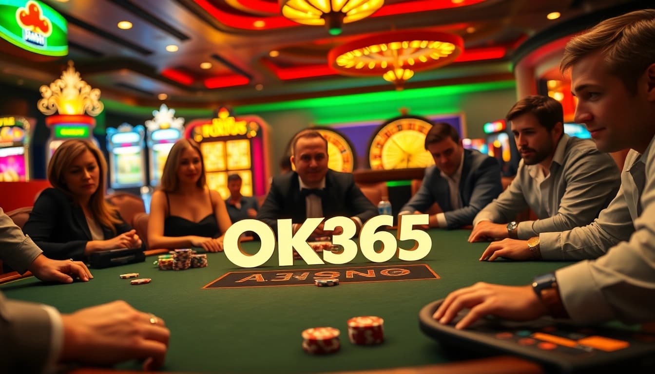 Players engaging in high-stakes poker at OK365 branded table, vibrant casino atmosphere.