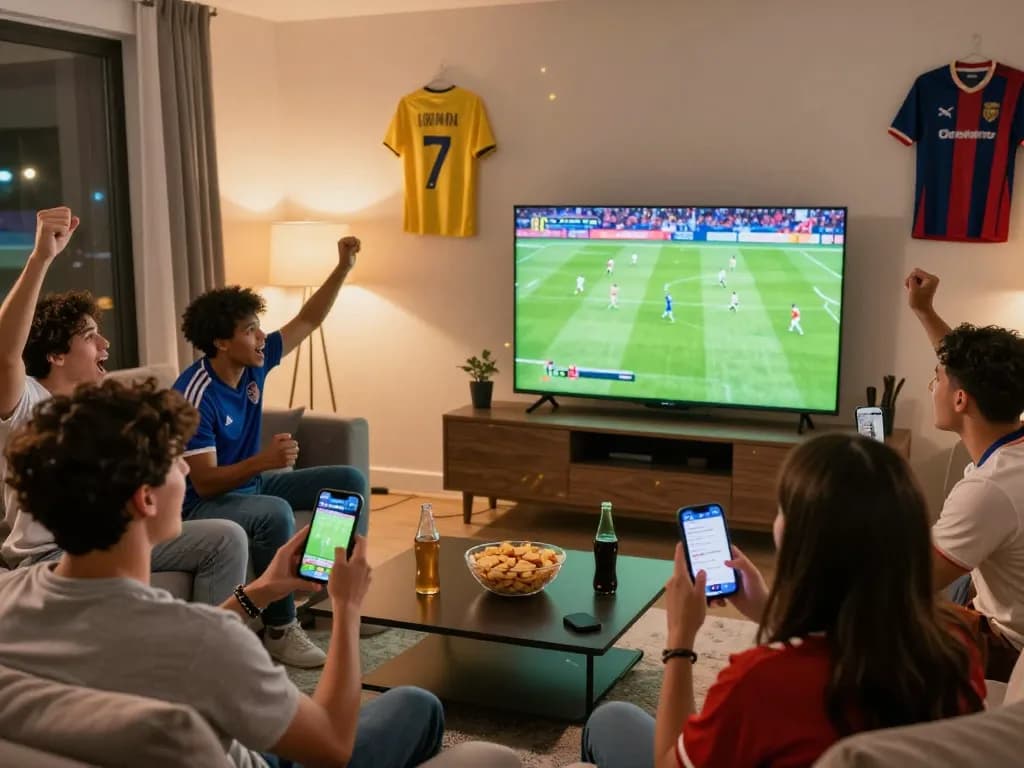 Fans enjoying football on LuongSonTV, cheering in a vibrant living room, highlighting community and excitement.