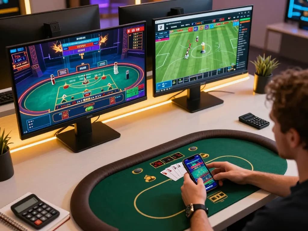 Engaging online gameplay showcasing top game bài đổi thưởng in a sophisticated multi-screen setup