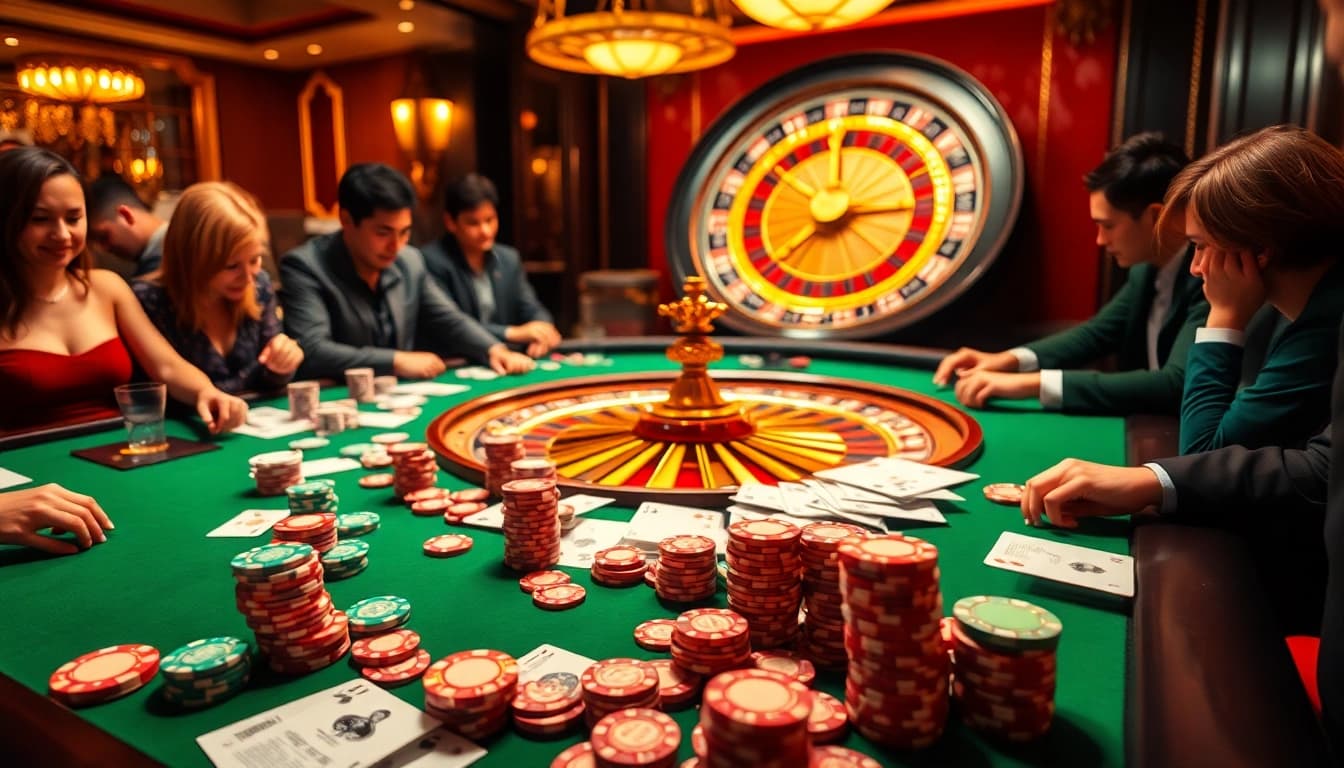 Enthusiastic players at a RIKVIP casino table strategizing their winning moves.