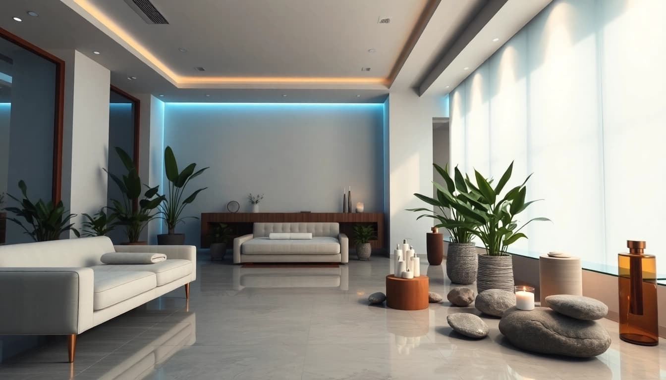 Spa Ads showcasing a tranquil waiting area with cozy seating and soothing decor elements.