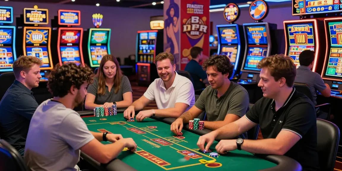 Dynamic scene at a credit card casino highlighting players at slot machines and live dealer tables, showcasing excitement and engagement.