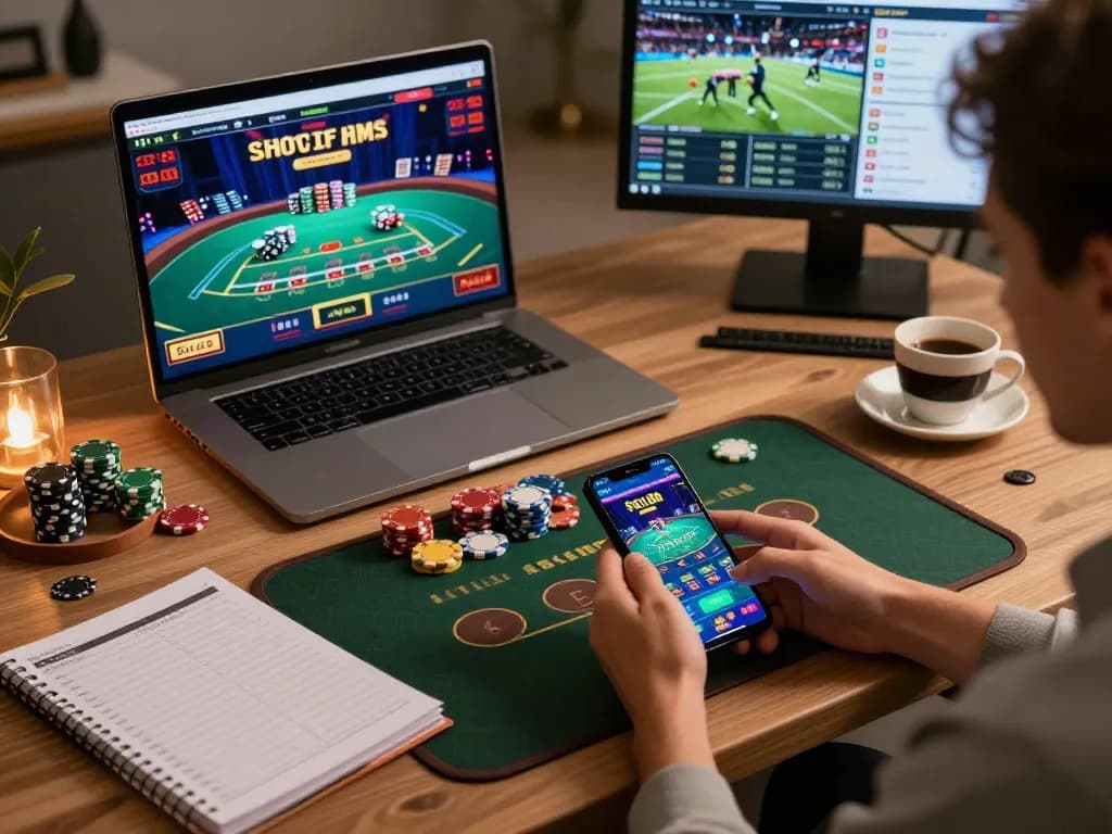 Engaged player using the Soc88 app for a live dealer game in a stylish home office.