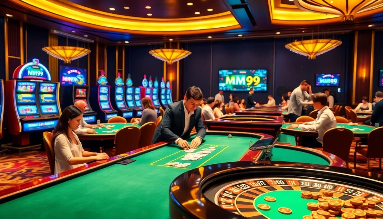 Experience the thrill of MM99 casino games with dealers and vibrant tables.