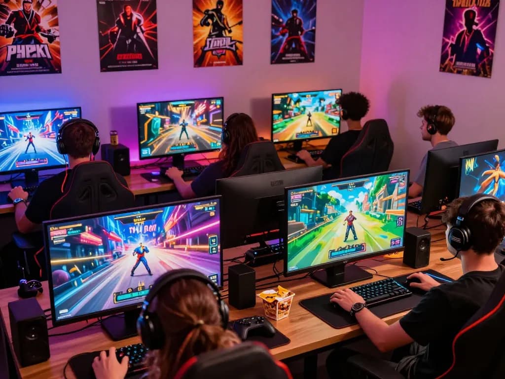 Players enjoying real porn games in a vibrant gaming lounge with interactive graphics.