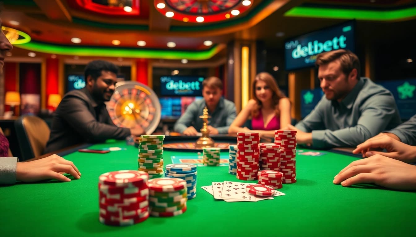 Players engaging in high-stakes poker while incorporating debet betting options on digital screens.